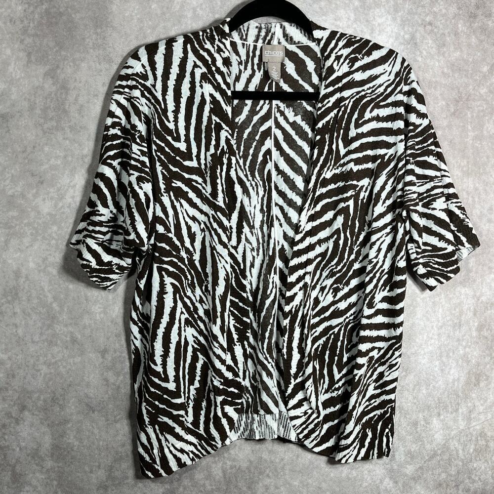 Chico's Cardigan Sweater Womens Size 2 US Large Brown White Zebra‎ Striped Open